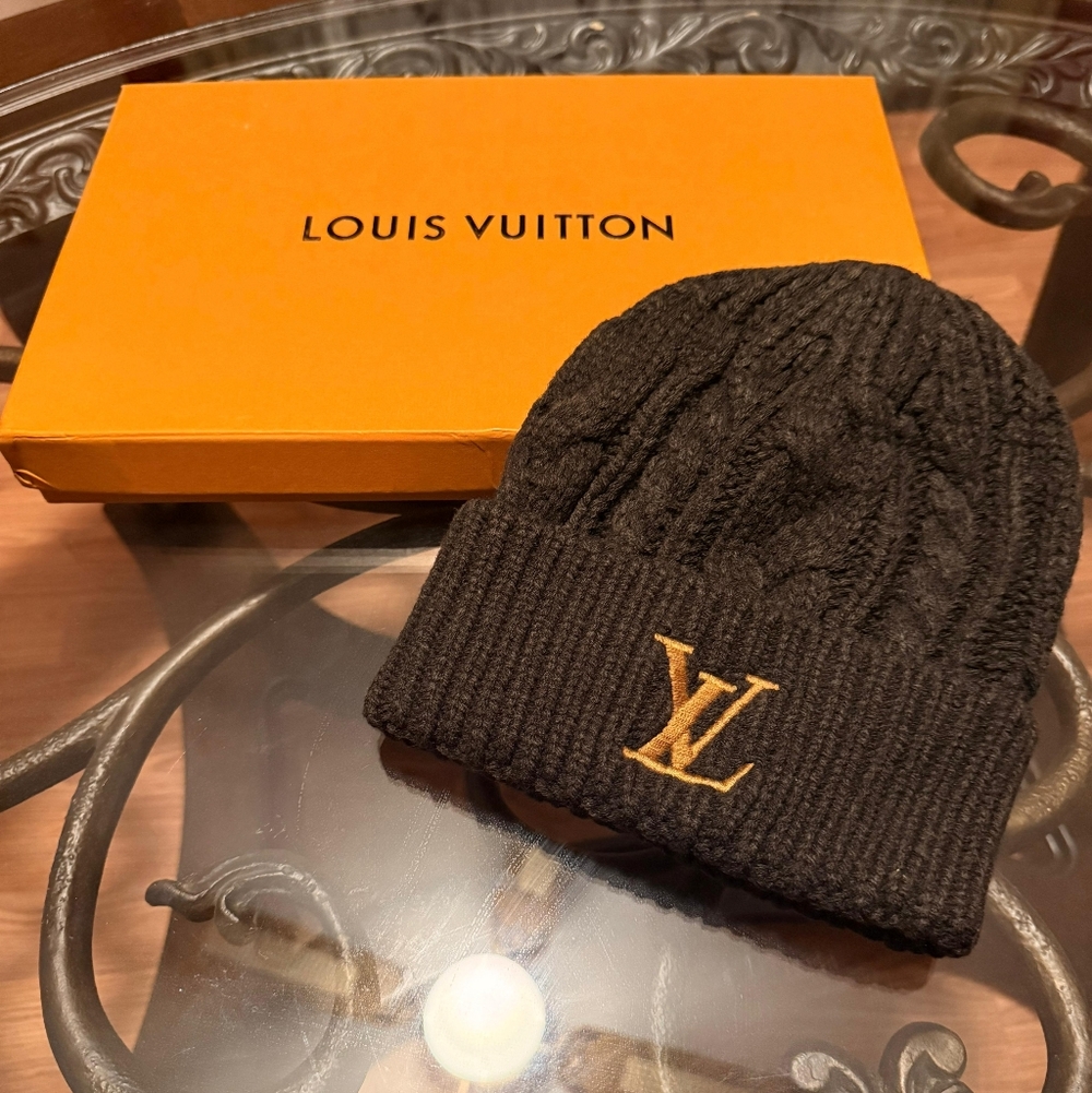Louis Vuitton LV Logo Black Knit Beanie Hat Wool